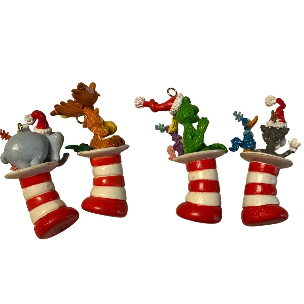 Dr Seuss Christmas Ornament Set 4pc Grinch Horton Cat in the‎ Hat Stocking Mini